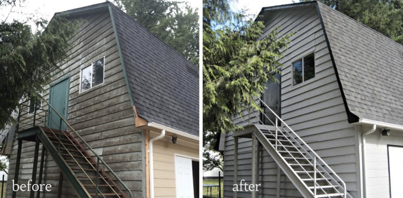 before and after of an exterior house painting project